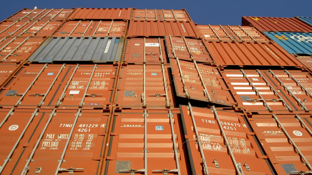 Steel export containers at a container terminal