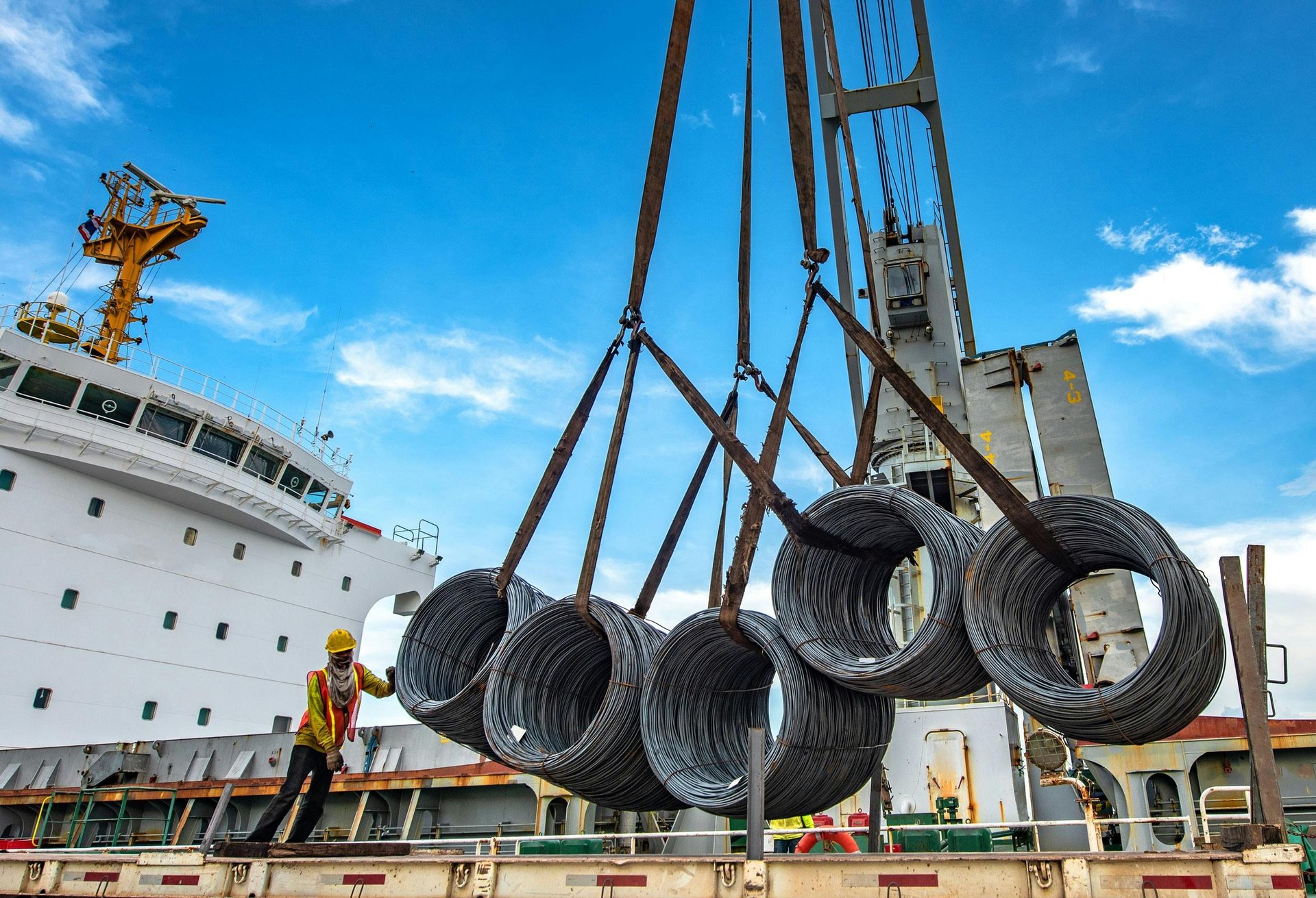 Steel cargo loaded for shipping at export port